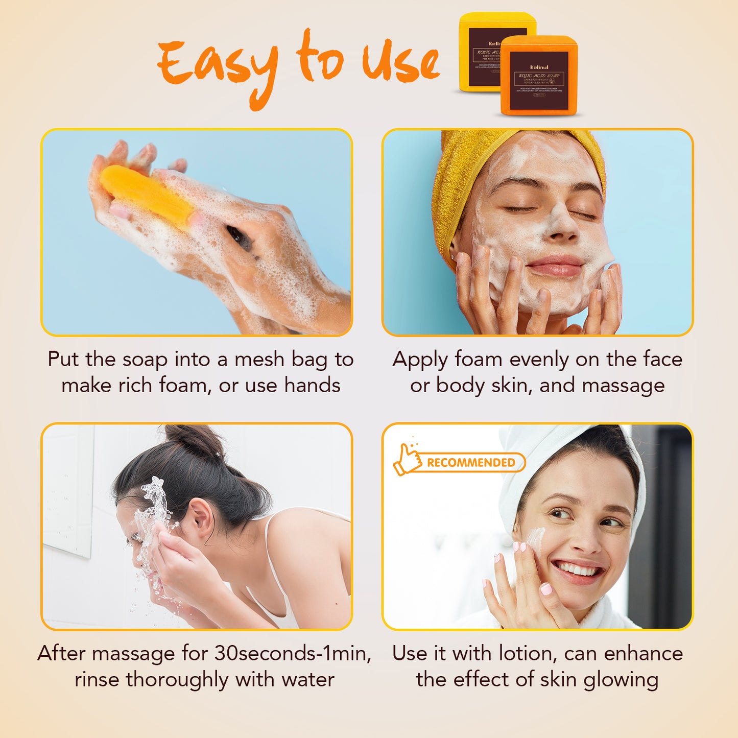 Kelinul Bath Soap Bar for Men and Women, Yellow and Orange 260g
